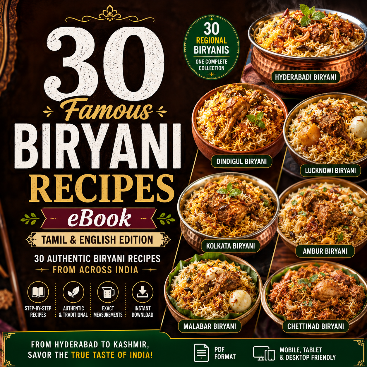 🍛 30 Famous Biryani Recipes eBook | Hyderabadi, Dindigul, Ambur & More (Tamil & English Edition)