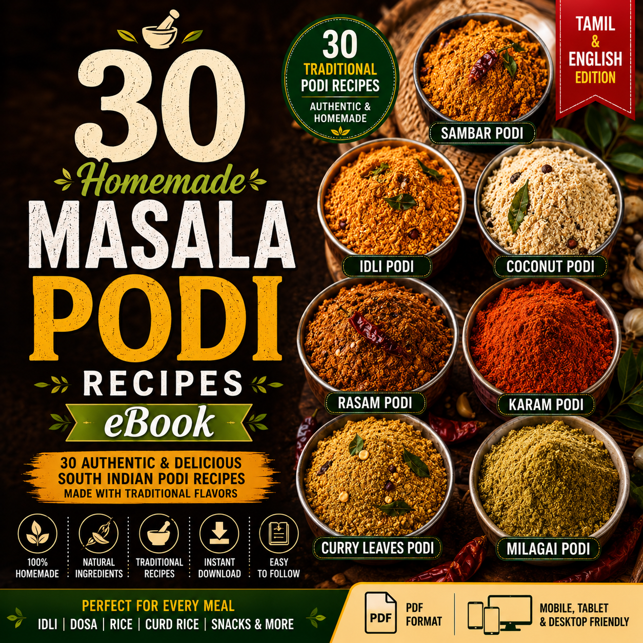🌶️ 30 Traditional South Indian Podi Recipes eBook | Sambar, Rasam, Idli & Masala Powders (Tamil & English Edition)